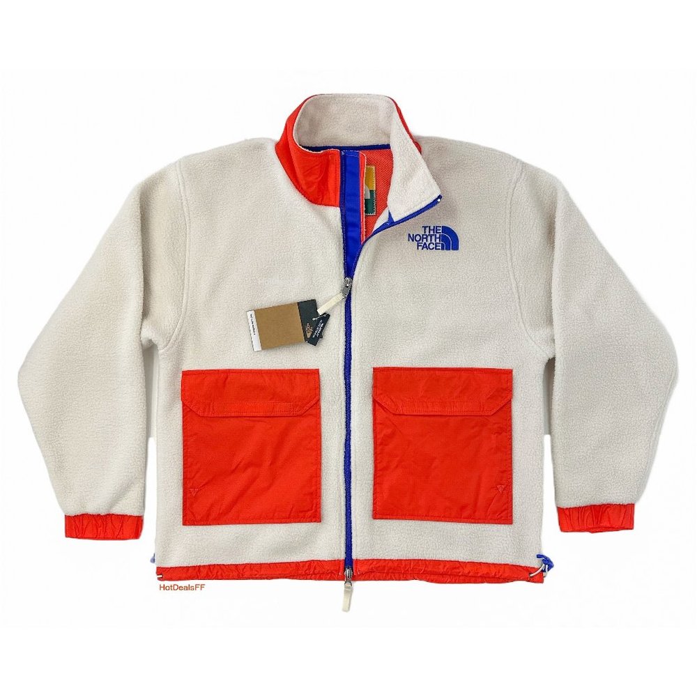 RARE The North Face Men's COLOR BLOCK Full Zip Soft Fleece Jacket, White/Orange